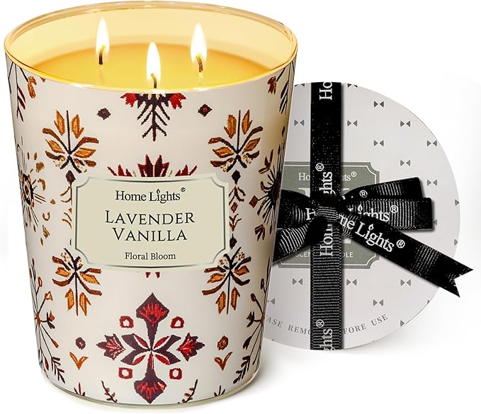 HomeLights Scented Candles | Large Jar 34 Oz Natural Soy Candle | 130 hrs Long-Lasting with 3 Wicks | Bohemian Natural for Home Decor | Gifts for Mom & Women, Lavender Vanilla