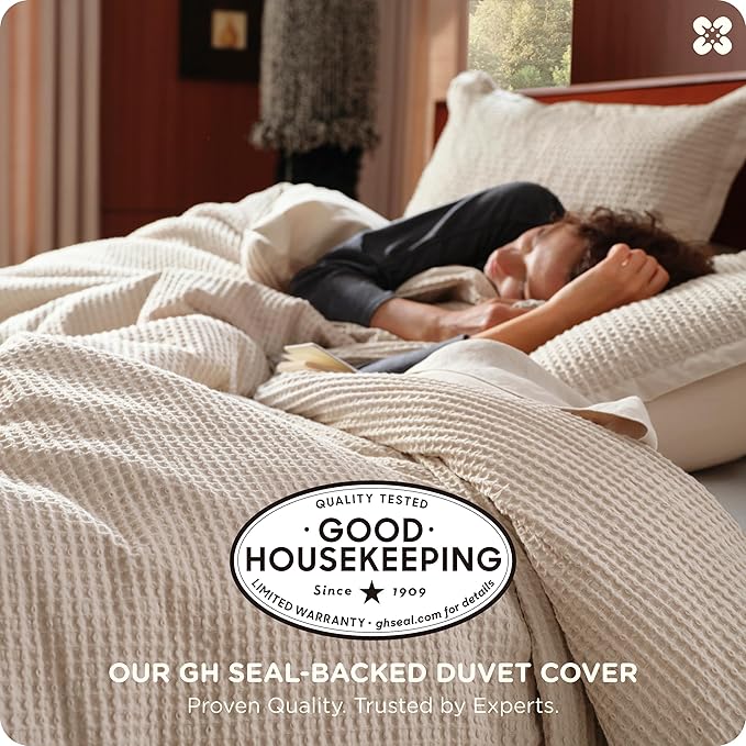Bedsure Cotton Duvet Cover Set - 100% Cotton Waffle Weave Beige Duvet Cover California King, GentleSoft™ and Breathable Cal King Bedding Set for All Season, 3 Pieces, 104"x98"