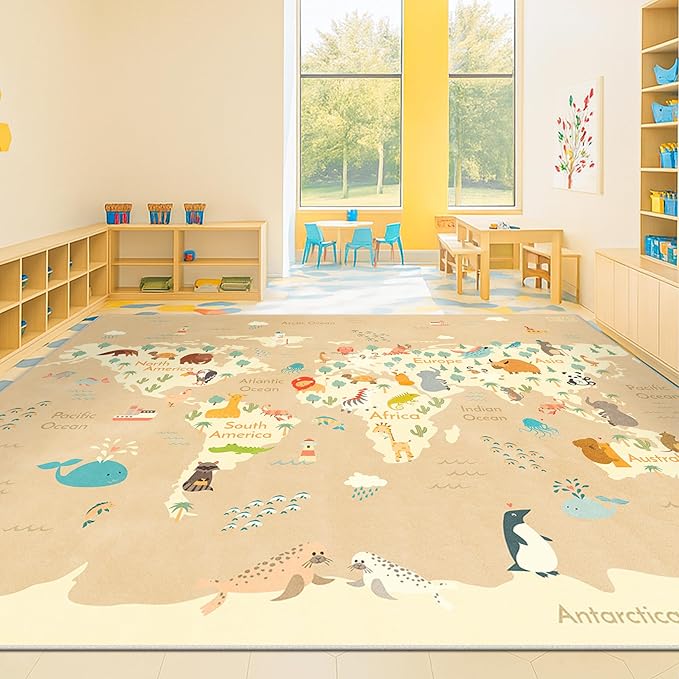 Huge Kids Rugs for Living Room - 9x12 Large Classroom Rug for Children Play & Learning, Washable Ultra Soft World Map Carpet with Ocean, Continents & Cute Animals