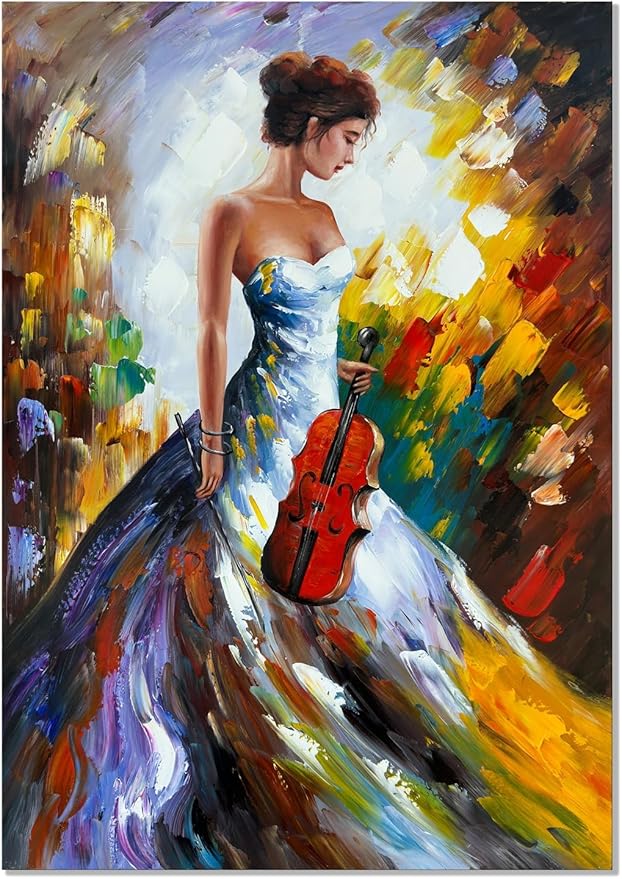 zoinart Hand Painted Modern 3D Oil Paintings on Canvas Wall Art 28x40 Inches Fiddler Girl Abstract Vertical Wall Art Large Framed Artwork for Home Decorations Wall Decor