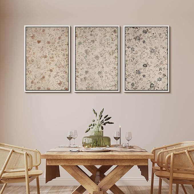MUDECOR Framed Wall Art Print Set Vintage Floral Botanical in Neutral Tones Illustrations Realism Decorative for Living Room, Bedroom, Office - 24"x36"x3 White