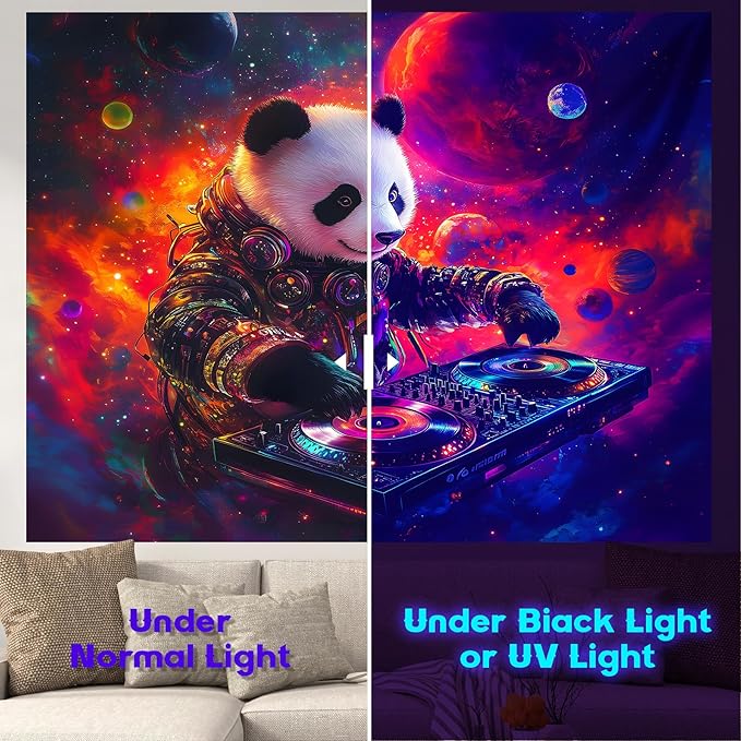 NYZE Blacklight Tapestry Panda Music Wall Tapestry Art Party Banner Colourful Poster Design Tapestries for Hip Hop College Dorm Room Bedroom Wall Decor 59in×51in