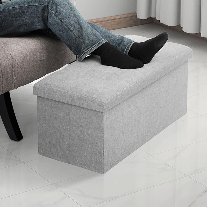 MoNiBloom 30 Inch Storage Ottoman Bench, Rectangle End of Bed Bench, Storage Padded Seat, Linen Fabric Ottoman Footrest for Living Room, Bedroom, Entryway, Light Gray