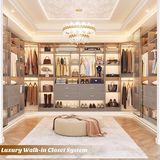Corner Closet System with 2 Sets, 63.2" Corner Closet Organizer System with 2 Drawers + 18 Shelves + 3 Hanging Rods, Reversible L Shaped Walk-in Closets, Grey (63.2" L x 39.2" W x 80" H)