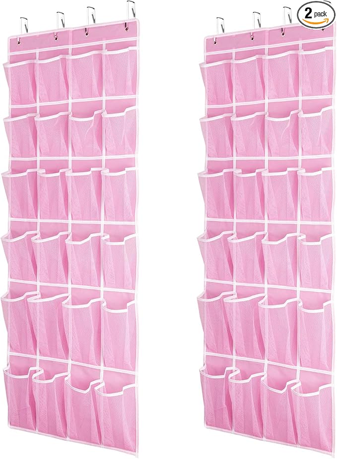 2 Pack Hanging Shoe Organizer，Over Door Shoe Organizer with 24 Mesh Large Pockets Shoe Storage Bag for Sport Shoes Size:58x21 Inch Hanging Door Shoe Rack Organizer (Pink-2pack)