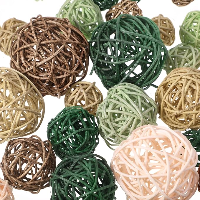 Patelai 72 Pcs Wicker Rattan Balls Decorative Balls for Vase Centerpiece Bowls Orbs Filler for Spring Summer Craft Home Decor, 4 Sizes(Grass Green, Matcha Green, Brown, Apricot, Beige)