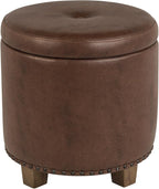 Homepop Home Decor | Upholstered Round Storage Ottoman with Nailheads| Ottoman with Storage for Living Room & Bedroom, Brown Faux Leather