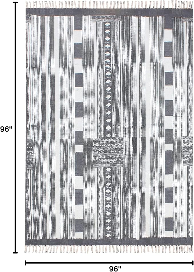 Area Rug 8' Square Rug Gray & Beige Cotton Dhurrie Striped Thick 0.19 inches Stone Easy Washable Rug Hand Wash Cotton Carpet Flatweave Rug Indoor Outdoor Rugs for Hall Room, Dining Room