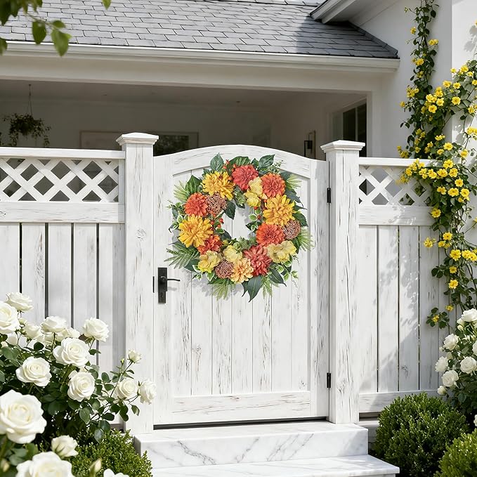 24-Inch Spring Wreath for Front Door with Hydrangeas Dahlias Daisy Silk Flowers and Berry Greenery for All Seasons Indoor Outdoor Wedding Farmhouse Porch Wall Living Room Home Wedding Decor