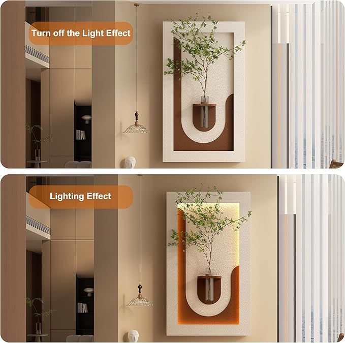 LED Sandstone Wall Decor, 3D Wall Art Sculpture, Simulated Green Plants, Glass Vase & Remote Control 3 Color Light for Living Room, Bedroom, Corridor(Light Coffee,41.4 * 23.6in)