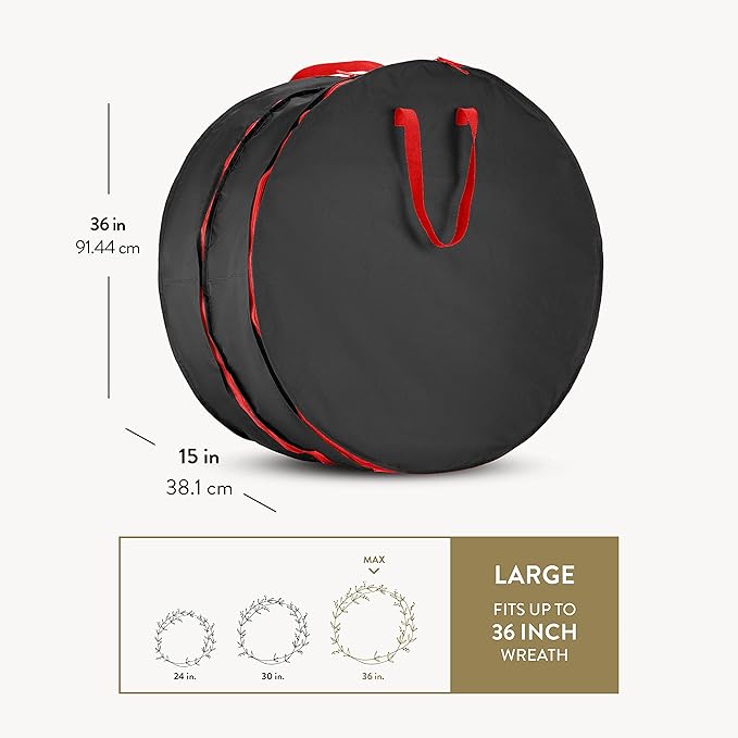 ZOBER Christmas Wreath Storage Container 36 Inch - Wreath Bag Fits 2 Wreaths Box - 600D Oxford Fabric - Interior Compartment for Storing Garlands, Wreaths Storage Bag W Strong Durable Handles - Black