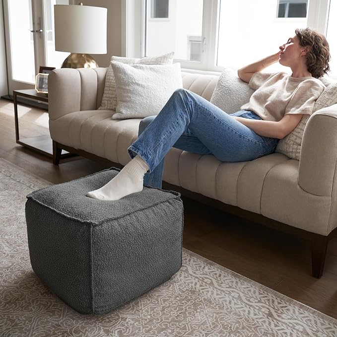 ZICOTO Beautiful Boucle Pouf Ottoman and Foot Rest - Elevate Your Living Room Decor with Lightweight Comfort and Charm - A Round Modern Foam Filled Foot Stool Perfect to Rest Your Feet