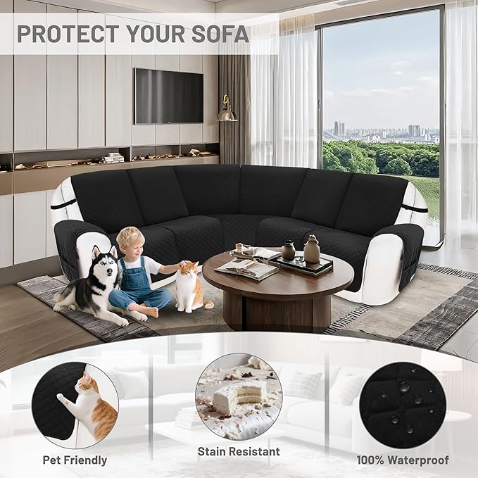 Reclining Sectional Couch Covers 100% Waterproof Velvet L Shape Recliner Couch Covers for Dogs Pets Washable Anti Slip Recliner Slipcovers with Pockets (5 Seat Sofa, Black)