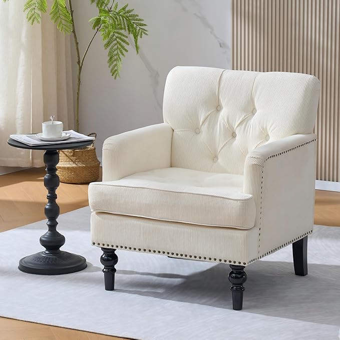 KEIKI Tufted Upholstered Accent Chair for Bedroom and Living Room, Button Tufted Club Chair with Corduroy Fabric, Fixed High Backrest, Rolled Arms and Studded Trim, Mid-Century Modern Reading Chair