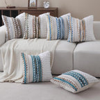 Boho Throw Pillow Covers 18x18 Set of 2 Farmhouse Decorative Couch Pillow Covers Neutral Accent Throw Pillows Covers Striped Outdoor Cushion Covers Square Textured Chenille Pillow Cases for Sofa Bed