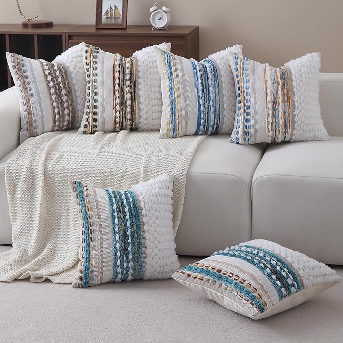Boho Throw Pillow Covers 18x18 Set of 2 Farmhouse Decorative Couch Pillow Covers Neutral Accent Throw Pillows Covers Striped Outdoor Cushion Covers Square Textured Chenille Pillow Cases for Sofa Bed