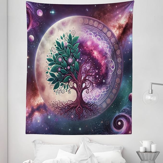 Ambesonne Purple Tapestry Twin Size, Galaxy Tree of Life Design Space and Earthy Side Branches Universe Art, Wall Hanging Bedspread Bed Cover Wall Decor, 68" X 88", Teal Plum and Lavender