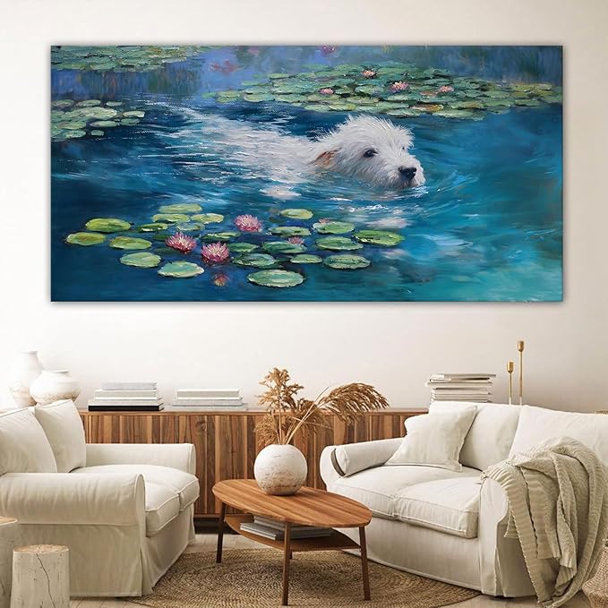 Dog Monet Wall Art with - Large Canvas Wall Art for Bedroom - Framed Landscape Pictures Decor - Classic Vintage Artwork for Living Room, Bedroom, or Office Paintings Wall Decor 29×58IN
