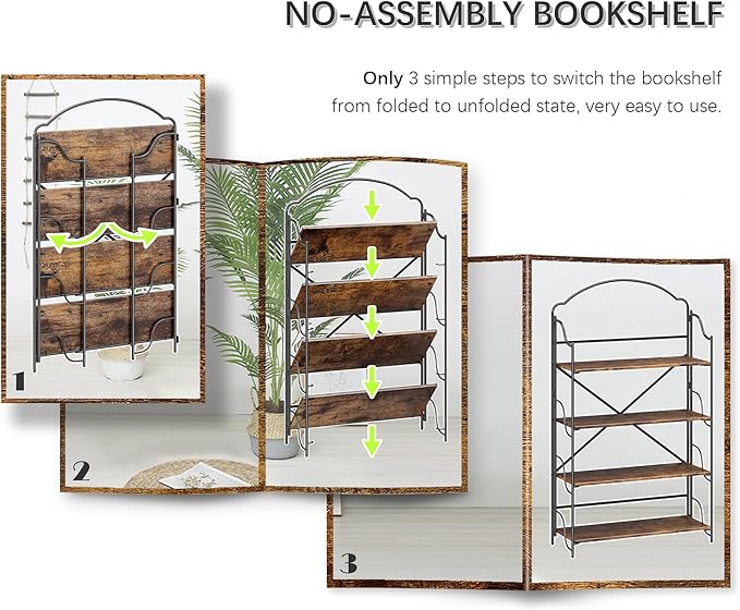 4NM No Assembly Extra Wide Folding Bookshelf for Living Room, 4 Tiers Collapsible Book Shelves Open Industrial Foldable Bookcase Storage Shelf for Home Office - Rustic Brown Black