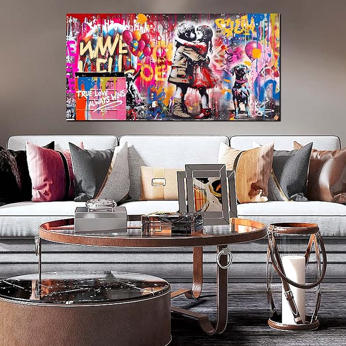 CIRABKY Graffiti Wall Art - Colorful Banksy Wall Art - Boy Kiss Girl Print - 20" x 40"