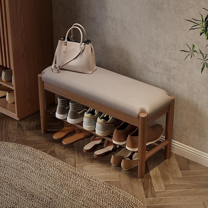 AQIMUELE Shoe Bench Entryway with Cushion, Solid Wood Bench with Shoe Storage, 2-Tier Shoe Rack Bench for Entryway,Hallway (Gray)