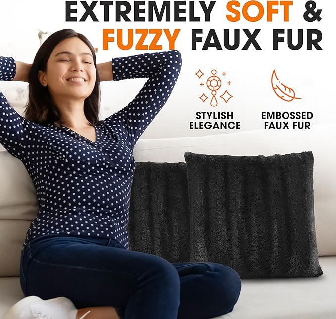 Cheer Collection Faux Fur Throw Pillows - Decorative Pillows for Couch, Bed Throw Pillows, Black Accent Pillows for Bedroom or Living Room Aesthetic, Set of 2 Furry Throw Pillows, 24" x 24"