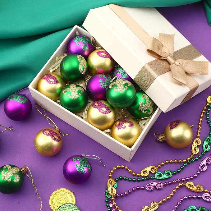 JULMELON 24Pcs Mardi Gras Hanging Ball Ornaments Mardi Gras Glitter Hanging Ball Decorations Sequin Purple Green Gold Tree Ornament for Mardi Gras Home New Orleans Masquerade Party Decor
