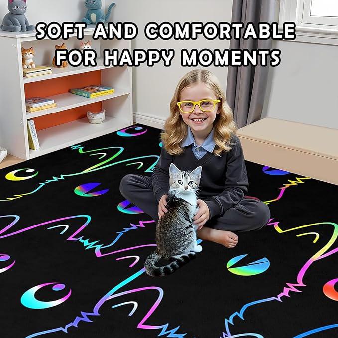 Black Cat Rug 5x7, Kids Cat Carpet for Girls Room Decor, Funny Cats Rugs Room Decor Girls Bedroom Cute Cats Themed Washable Kids Area Rug for Playroom Bedroom Classroom