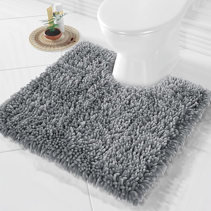Yimobra Toilet Rugs U Shaped Washable, Extra Thick Soft Absorbent Chenille Contour Bathroom Rugs for Toilet 24x24 Inch, Quick Dry Non Slip Toilet Mat for Bath Floor, Silver