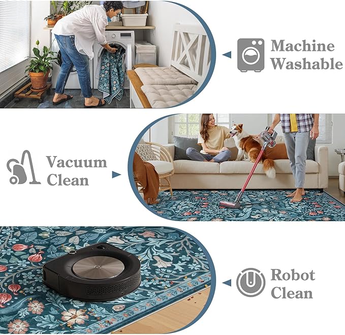 Moynesa Floral Washable Rug, Boho 5x7 Area Rugs for Living Room, Non Slip Large Dining Room Rug Under Table, Botanical Ultra Thin Floor Carpet for Bedroom Home Office, Teal