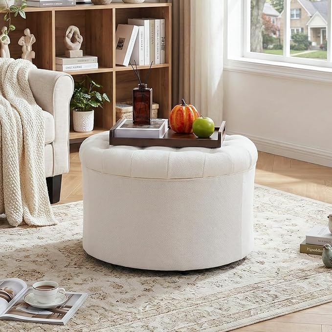 ONBRILL 25" Ottoman with Storage, Round Pouf Ottoman Foot Rest, Small Storage Foot Stool for Couch Bedroom Living Room, Books, Blankets & Kid's Toy Box, Load up to 220 lbs, Beige
