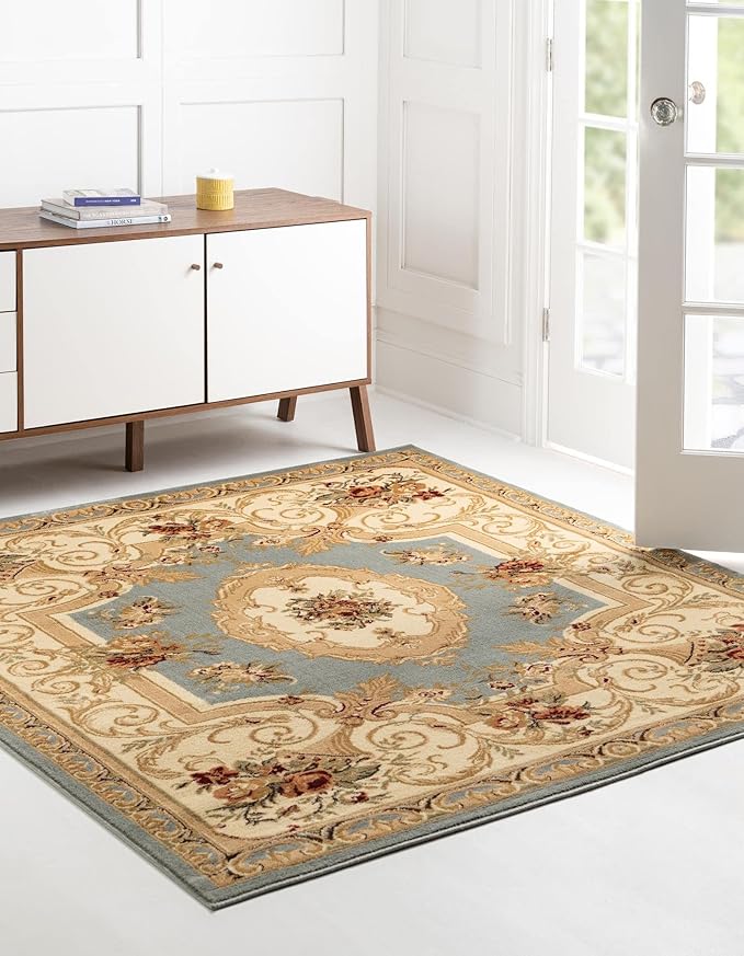 Rugs.com Chateau Collection Rug – 8 Ft Square Light Blue Medium Rug Perfect for Living Rooms, Kitchens, Entryways