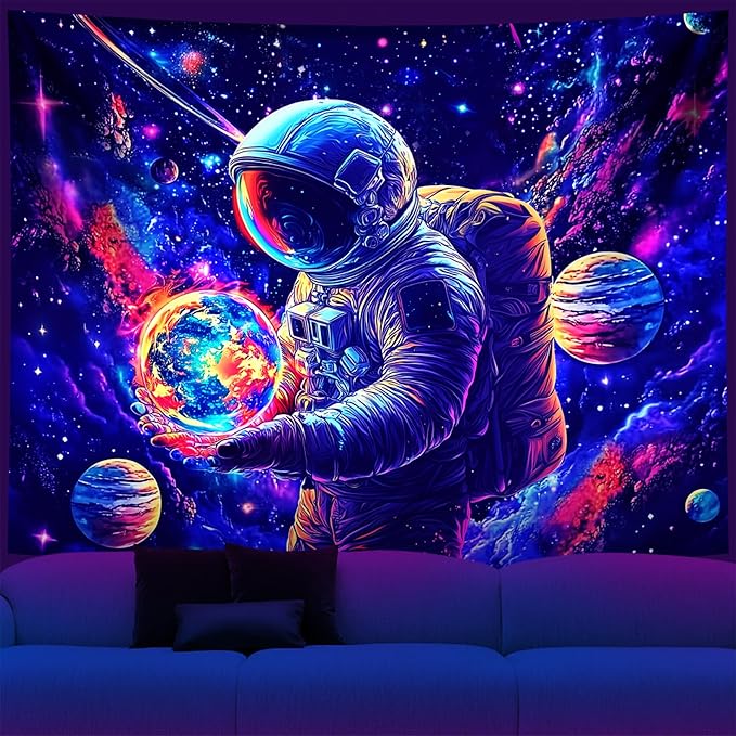 NYZE Astronaut Space Tapestry for Bedroom, Glow in the Dark Room Decor Wall Tapestries, Cool Galaxy Planet Wall Hanging, Wall Hanging for Men Guys Gamer Room Dorm Living Room 90in x 70in