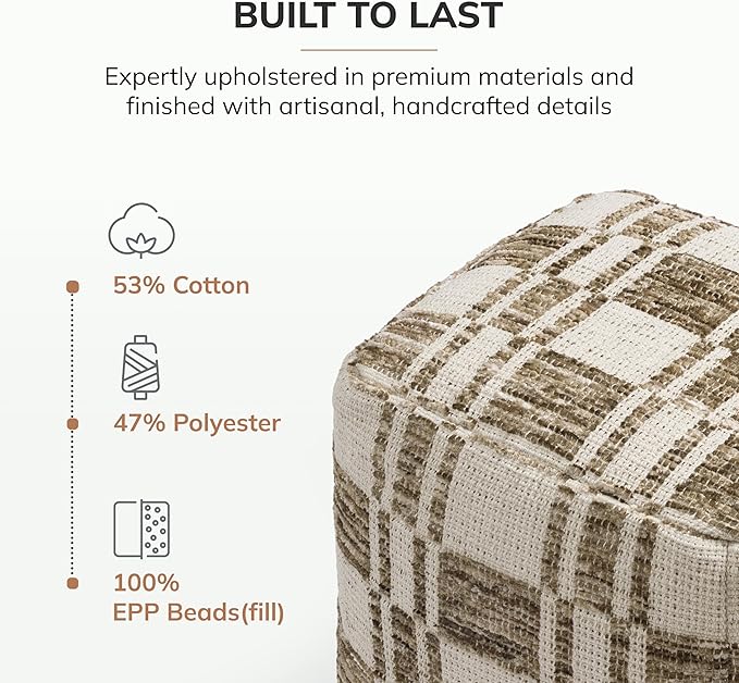 Anji Mountain Artisan Crafted Cotton Blend Pouf Ottoman | Versatile Floor Seating & Footstool for Living Room | Modern Boho Home Décor Accent | Filled Pouffe