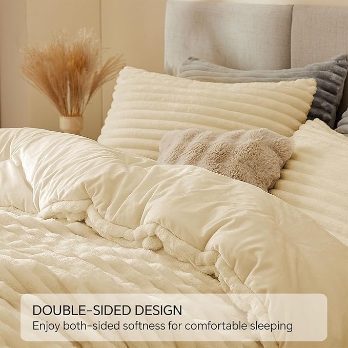 BEDELITE Fleece King Comforter Set -Super Soft & Warm Fluffy Beige Bedding, Luxury Fuzzy Heavy Bed Set for Winter with 2 Pillow Cases