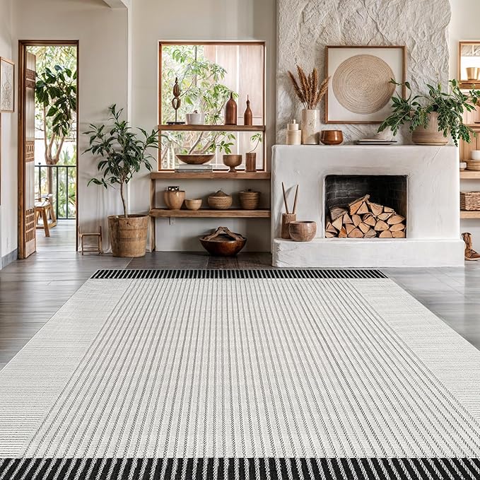 Modern Micro Loop Indoor Area Rugs for Living Room Bedroom Kitchen Geometric Striped Black-White 5x7 Luxury Durable Low and High Pile Non-Shedding Stain Resistant Soft Area Carpet 5 x 7