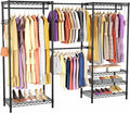 Clothes Rack, Heavy Duty Clothes Rack, Large Wire Closet Garment Rack, Freestanding Expandable Metal Clothing Rack with 4 Hanging Rods, 6 Shelves, and 4 Hangers for Hanging Clothes, Black