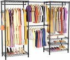Clothes Rack, Heavy Duty Clothes Rack, Large Wire Closet Garment Rack, Freestanding Expandable Metal Clothing Rack with 4 Hanging Rods, 6 Shelves, and 4 Hangers for Hanging Clothes, Black