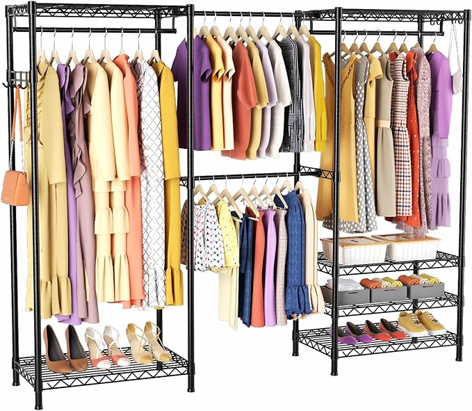 Clothes Rack, Heavy Duty Clothes Rack, Large Wire Closet Garment Rack, Freestanding Expandable Metal Clothing Rack with 4 Hanging Rods, 6 Shelves, and 4 Hangers for Hanging Clothes, Black
