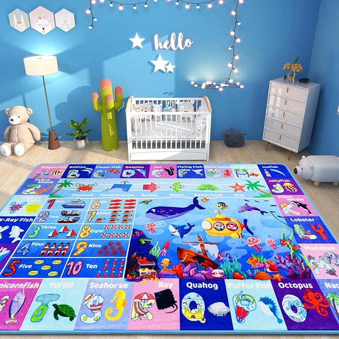 ABC Kids Rug for Playroom 59"×78.7" Ocean Mat Baby Play Mat Alphabet Sea Animal Number Shape Classroom Carpet Kids Playroom Rug Early Learning Carpet for Preschool Toddlers