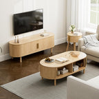 Coffee Table for Living Room, Modern Oval Coffee Table with Cabinets & Sliding Doors, Home Small Space, 47.2" Fluted Center Table, Natual