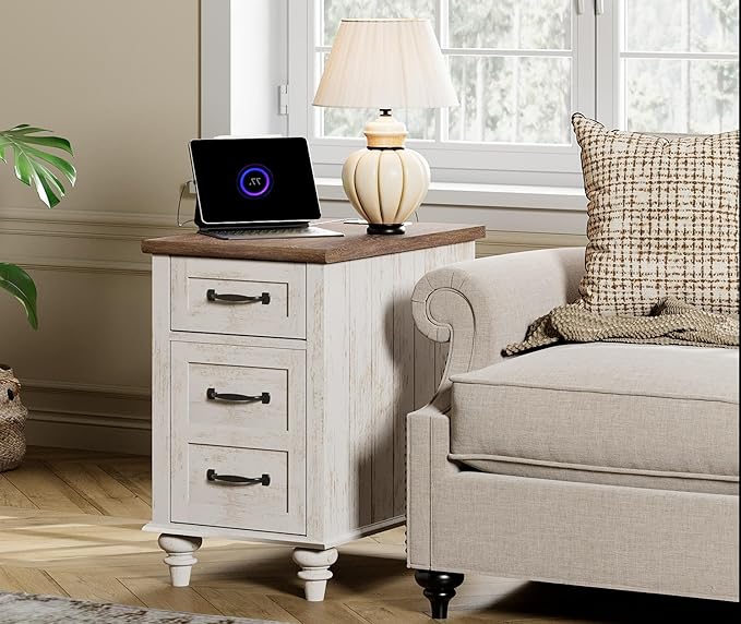 WAMPAT Set of 2 End Tables with Charging Station, Antique White Side Table with Storage Cabinet & Drawer, Wooden Nightstands with Power Outlets & Type-C USB Port for Bedroom