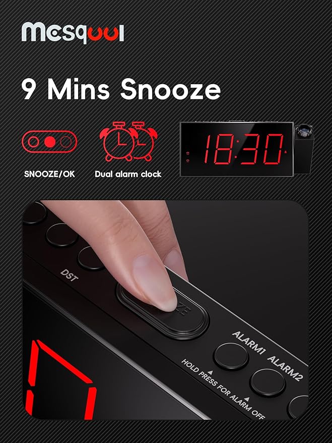 Mesqool Projection Alarm Clock, Digital Clock with 180° Rotatable Projector, 5-Level Brightness Dimmer, Clear LED Display, USB Charger, Progressive Volume, 9mins Snooze,12/24H, for Bedroom