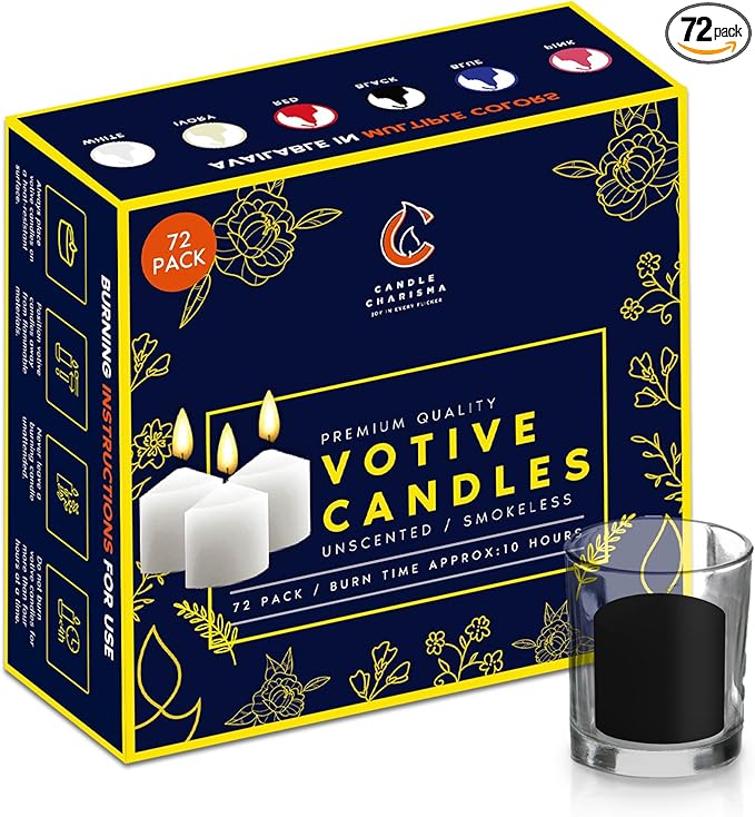 Candle Charisma Black Unscented Votive Candles - 10 Hour Burn time - Set of 72 for Dinner, Wedding, Halloween and Holiday Decorations