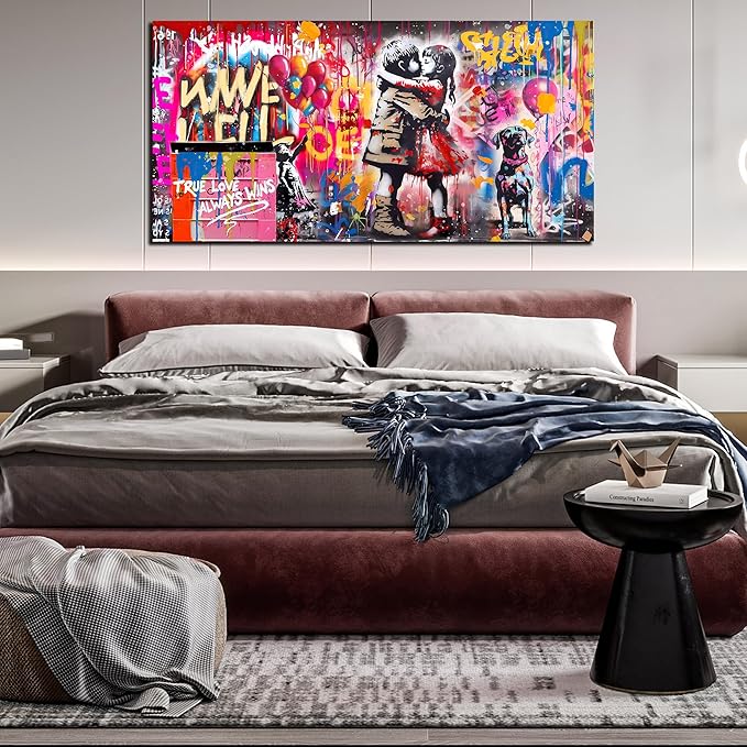 CIRABKY Graffiti Canvas Wall-Art for Dorm Room Girl - Colorful Wall Decor for Living Room - Boy Hugs Girl Print Large Painting Size 24" x 48"