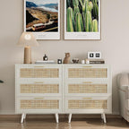Rattan Night Stand Boho End Table with 3 Storage Drawer Wooden Bedside Tables Bed Side Table Accent Tables for Bedroom Small Space (White Cream Oak)