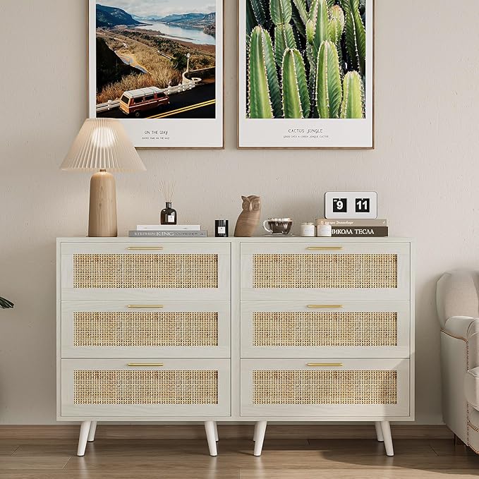 Rattan Night Stand Boho End Table with 3 Storage Drawer Wooden Bedside Tables Bed Side Table Accent Tables for Bedroom Small Space (White Cream Oak)