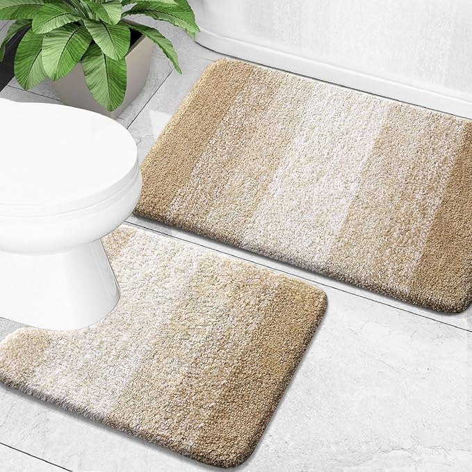 OLANLY Bathroom Rug Set 2 Piece, Soft Absorbent Microfiber Bath Mats and U-Shaped Contour Toilet Rug, Non-Slip, Machine Wash Dry, Plush Shaggy Bath Mats for Bathroom (30"x20"+24"x20", Tan)
