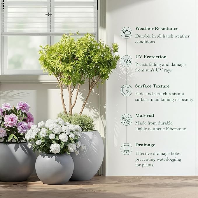 DTY Mount Sherman 21.1'' D x 16.7'' H (Pot Opening 14.6") Fiberstone Round Planter with Drainage Hole, Smooth Finishes, Weather Resistant for Indoor and Outdoor, 2 Extra Coco Mats - Gray, Large