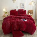 XeGe Plush Shaggy Duvet Cover Set, Luxury Soft Crystal Velvet Fluffy Furry Bedding Sets 2 Pieces(1 Faux Fur Fuzzy Comforter Cover + 1 Faux Fur Throw Pillow Sham), Zipper Closure (Twin, Red)